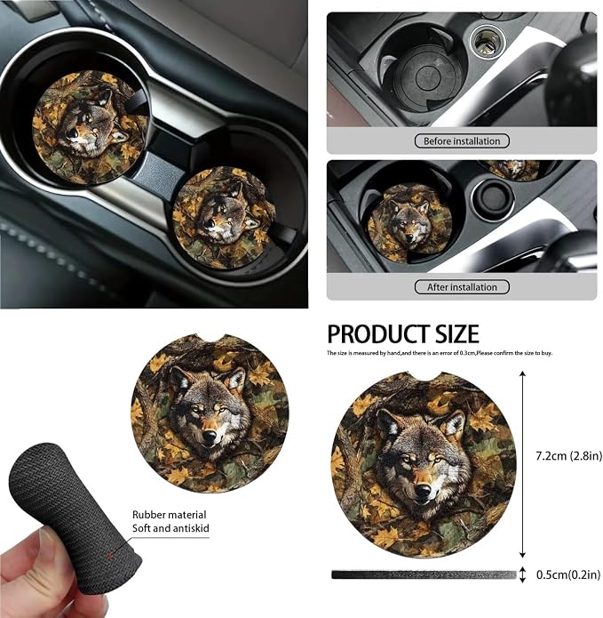 Wolf Hunting Camo Print 15 Pieces Car Accessories, Car Seat Cover Steering Wheel Cushion, Seat Belt Pad Trash Can Air Vent Storage Bag Cup Coasters Rearview Mirror Cover Keychain