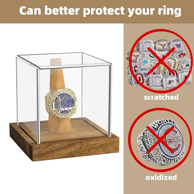 Clear Acrylic Championship Ring Display Case with Wood Stand Base, Memorabilia Stand Cube Holder Dust Protection Transparent Storage Box for Sports Baseball Basketball Fan Souvenir Protection Supplies