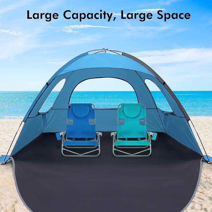 WhiteFang Beach Tent Anti-UV Portable Sun Shade Shelter for 3/4/6/8 Person, Extendable Floor with 3 Ventilating Mesh Windows Plus Carrying Bag, Stakes and Guy Lines