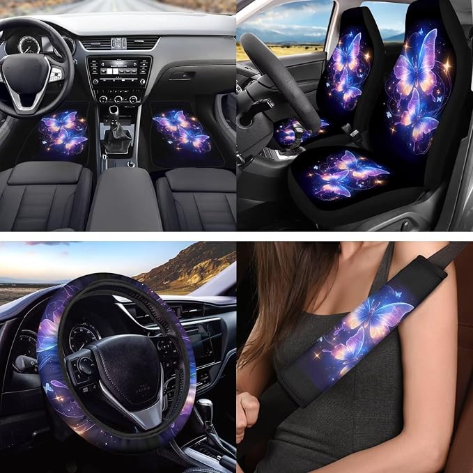 Colorful Butterfly Car Seat Covers Full Set for Women, Floor Mats Steering Wheel Cover Shoulder Pads Armrest Pad Cover Roof Gloves Cup Coaster Keychain, Car Interior Accessories Set of 18