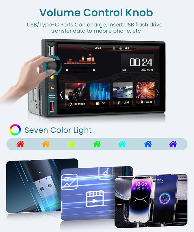 Single Din Radio Car Stereo with Wireless CarPlay & Android Auto, 7 Inch IPS Touch Screen Car Audio with Bluetooth，Mirror Link, FM,EQ, USB/Type-C/U Disk, SWC for Single Din Car Stereo