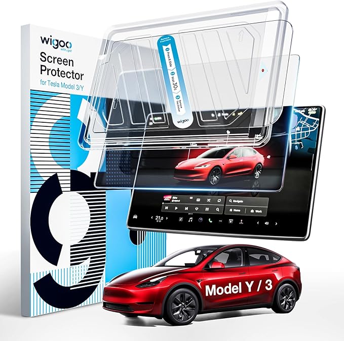 Wigoo Tesla Model Y & Model 3 Screen Protector Matte [No More Glare & Fingerprint] Model Y(2020~2025)/Model 3(2017~2023) Accessories, Tempered Glass Protector with Alignment Kit