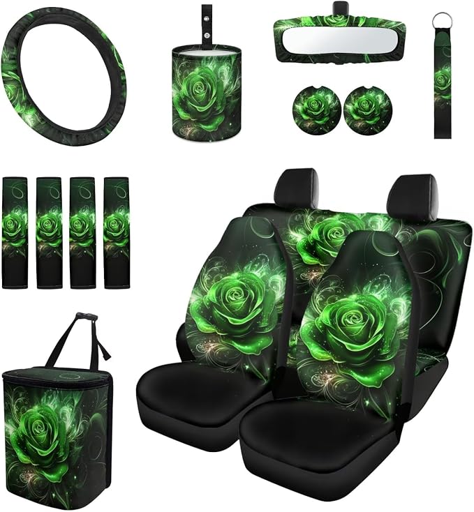 Green Rose Car Seat Covers Full Set for Women Cute Car Accessories Interior Car Steering Wheel Cover Seatbelt Covers Trash Bin Rear View Mirror Cover Cup Holders Keychain