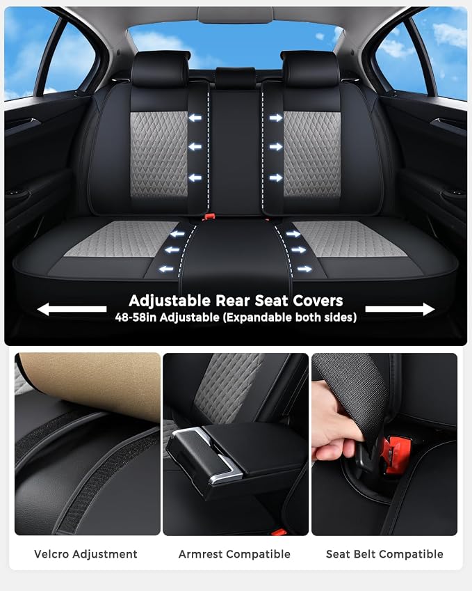 Huidasource Automotive Seat Covers, Nappa Leather Seat Covers Leather with Velcro Adjustable, Airbag, Lumbar Support, Cooling＆Heating, Waterproof Seat Covers Fit for Most Cars SUV Trucks, Black＆Gray