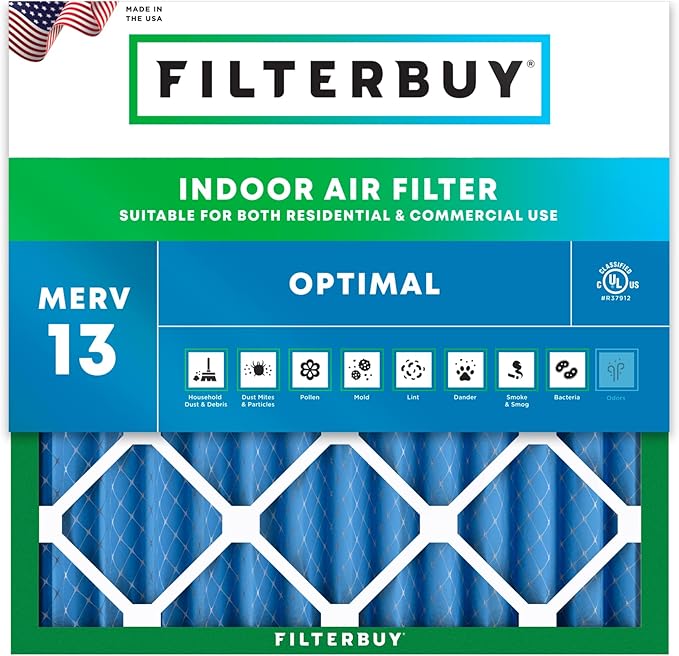 Filterbuy 18x18x2 Air Filter MERV 13 Optimal Smoke & Allergy Defense (1-Pack), Electrostatic Pleated HVAC AC Furnace Filters Replacement (Actual Size: 17.75 x 17.75 x 1.75)