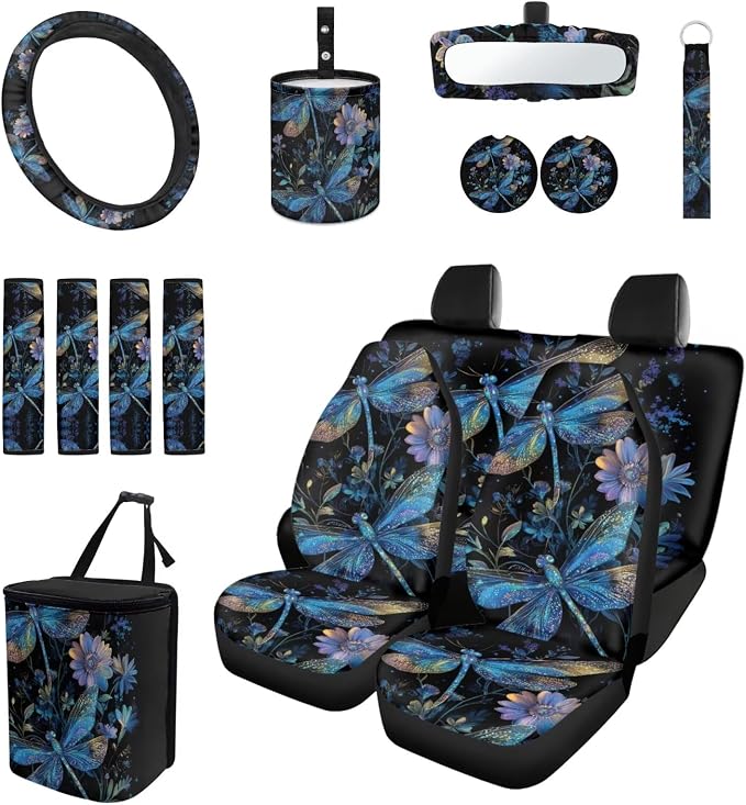 Blue Dragonfly Car Seat Covers Full Set 15 Pcs Universal Car Accessories Steering Wheel Cover Seat Belt Pads Garbage Bag Rearview Mirror Cover Coasters Keychain