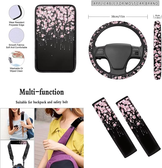 Mumeson Cherry Blossom Car Seat Covers Set with Steering Wheel Cover + Safety Seat Belt Pads + Armrest Cushion Pad for Car 8 Pack Car Accessories Decor for Womens