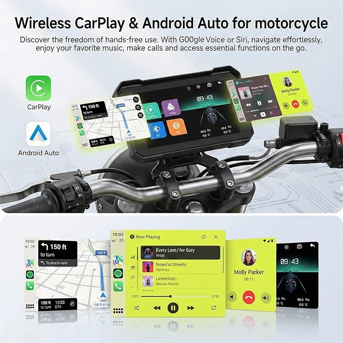 Rimoody 5 Inch Portable Wireless CarPlay & Android Auto Motorcycle Screen, IP68 Waterproof Touchscreen GPS Navigation for Motorbike, Bluetooth Dual Mode, Anti-Theft, Support TPMS & TF Card