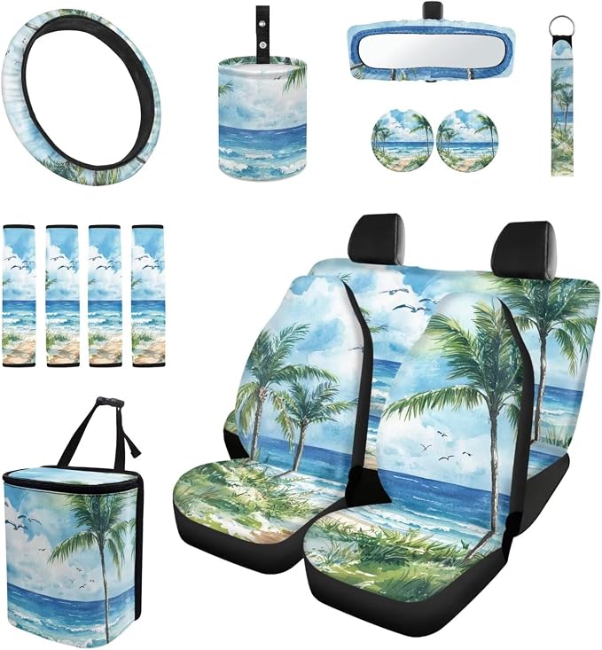 Tropical Palm Beach 15 PCS Car Seat Cover Set with Auto Steering Wheel Cover Seat Belt Strap Protector Cup Holder Trash Bag Rear View Mirror Protector Keychain