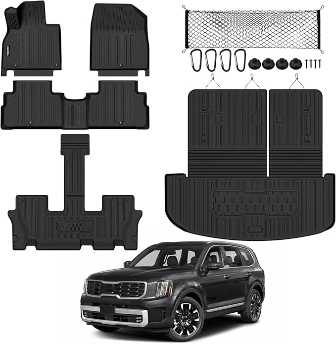 Tongama-Floor Mats for 2020-2025 Kia Telluride, All Weather TPE Trunk Mat with Backrest Mat and Cargo Net for Kia Telluride Floor Liner Accessories