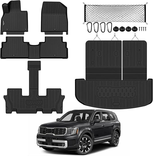 Tongama-Floor Mats for 2020-2025 Kia Telluride, All Weather TPE Trunk Mat with Backrest Mat and Cargo Net for Kia Telluride Floor Liner Accessories