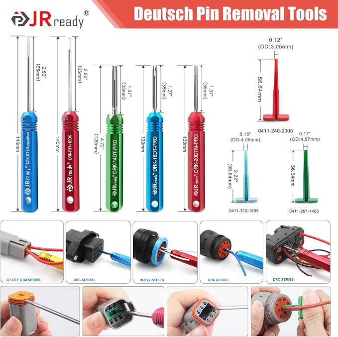 JRready ST2190 Deutsch Crimp Tool Kit, Open Barrel Crimper for Size 16 & 20 Stamped Contacts, 14-20 AWG, Work with DT DTM Series Connectors, with Pin Removal Tools for Terminal Repair & Installation
