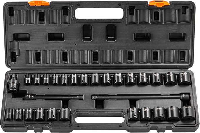 VEVOR 3/8" Drive Impact Socket Set, 29 Piece Shallow Socket Set SAE 3/8"-1" and Metric 8-22mm, 6 Point CR-V Alloy Steel for Auto Repair, Easy-to-Read Size Markings, Rugged Construction, Storage Case