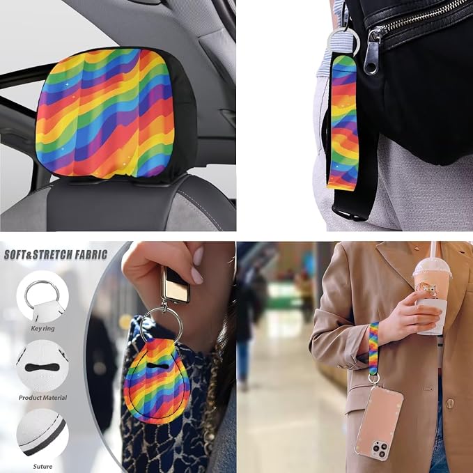 13 PCS Rainbow Flag Ripple Car Seat Covers, Colorful Ripples Polyester Fabric Front Seat Rear Cover, LGBT Gay Pride Auto Armrest Cover Headrest Cover Keychain