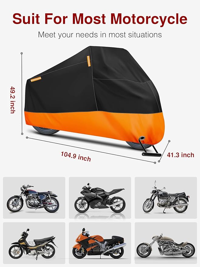 Puroma Motorcycle Cover Heavy Duty Scooter Cover Waterproof Outdoor All Season Universal Weather Quality Protection with Night Reflective, Lock Holes and Storage Bag Fits up to 105" Motorcycle Vehicle