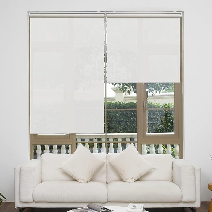 Customize Cordless Roller Shades for Windows Light Filtering Shades with 5% Openness Solar Screen Semi Sheer Roller Blinds UV Protection for Office and Home White