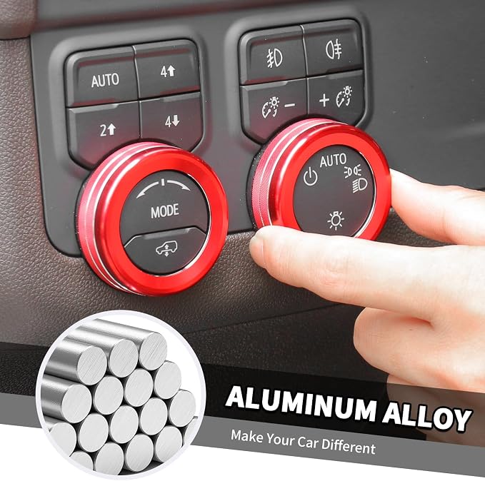 Jimen for Tahoe Center Console Knob Covers, 7PCS AC Air Conditioning Volume Control Button Headlight Switch Trim Ring Fit for Chevrolet Tahoe 2024-2025 (Red)