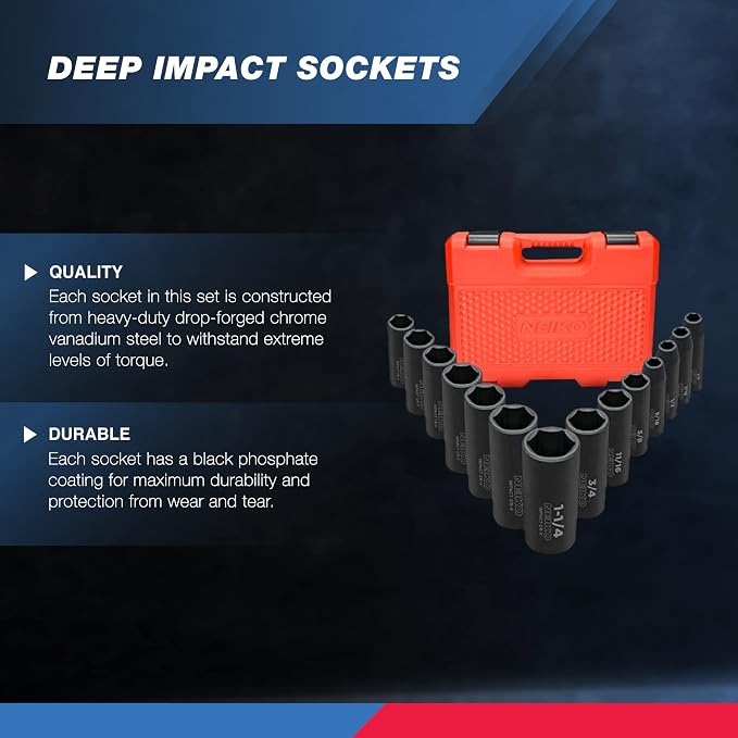 Neiko 1/2" Impact Socket Set, 14 Piece SAE Deep Socket Set (3/8-Inch to 1-1/14") and 15 Piece Metric Deep Socket Set (10-24 mm)