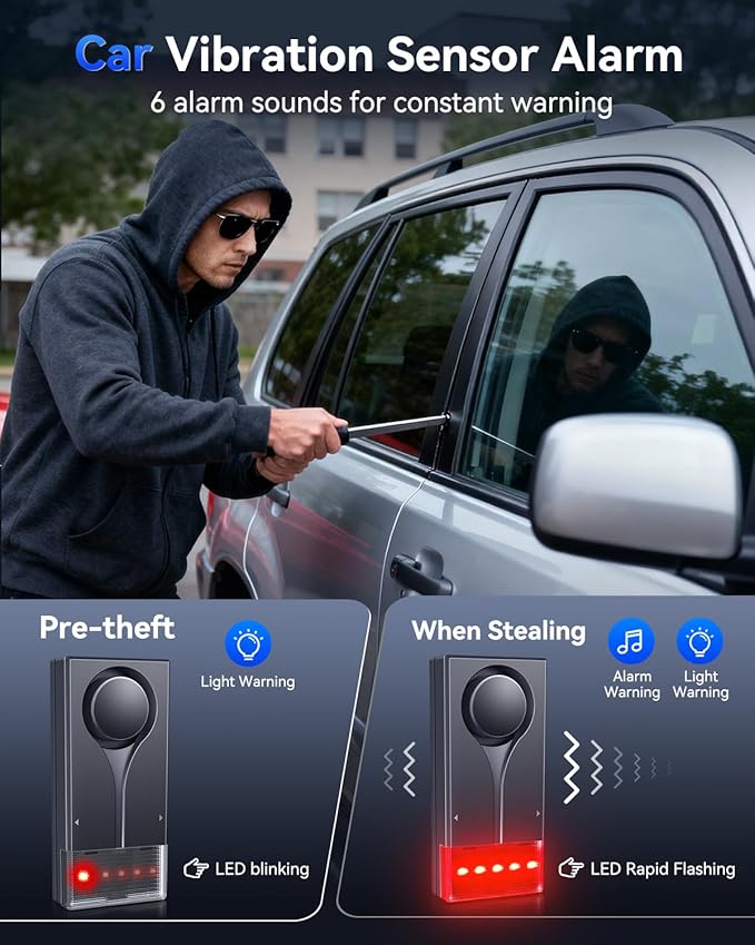 108dB Car Alarm System, Car Anti-Theft Vibration Sensor Alarm & Red Light, 2 Wireless Remote, Anti Theft Vehicle Device with Magnetic Install Design for RV, SUV, Truck (Upgrade 4.0)