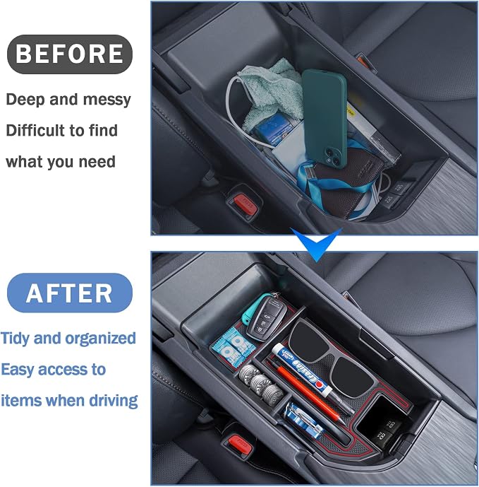 TOPINSTALL Red Center Console Tray and Rubber Liners Compatible with 2018-2024 Camry Accessories, Interior Armrest Storage Console Organizer Non-Slip Cup Holder Door Pocket Rubber Mats
