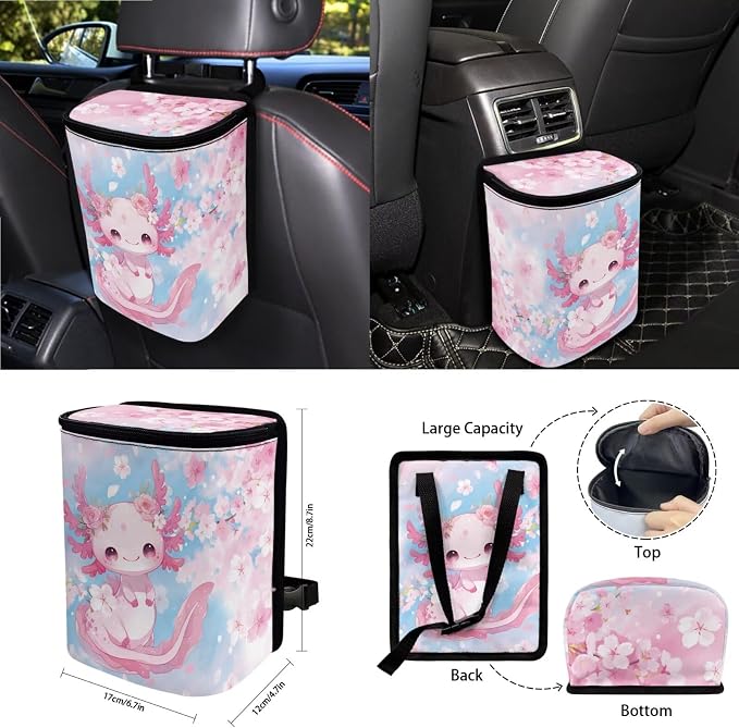 Cute Axolotl Print Car Accessories Seat Covers Full Set Cherry Blossom Print Car Front Back Seat Cover Steering Wheel Cover Safety Belt Pads Car Rear View Mirror Protector