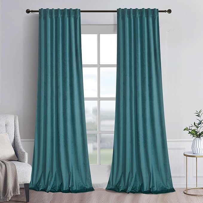 Roslynwood Luxury Soft Teal Blue Velvet Curtains 72 inches Long Back Tab Thermal Insulated Blackout Window Drapes for Living Room/Bedroom/Dining Room, W52 x L72, 2 Panels
