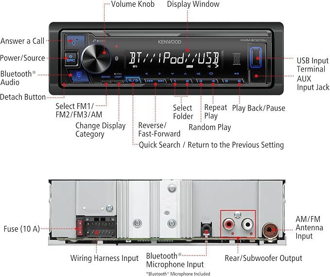 KENWOOD KMM-BT270U Bluetooth Digital Media Car Stereo Receiver with USB Port – AM/FM Radio, MP3 Player, High Contrast LCD, Detachable Face Plate, Single DIN, 13-Band EQ