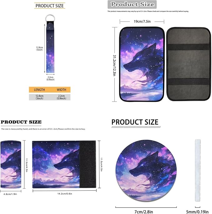 18 Pcs Purple Nebula Wolf Car Seat Covers Full Set Auto Interior Accessories with Steering Wheel Cover Floor Mats Armrest Cover Seat Belt Pads Roof Handle Wraps Cup Coaster Keychain