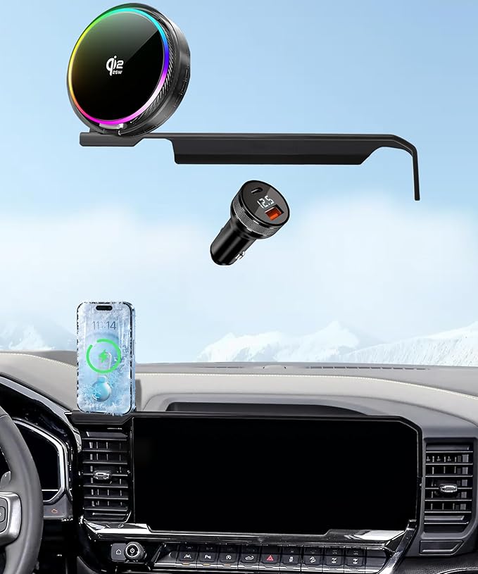 Qi2.2 25W Magnetic Car Mount Charger for 2022-2026 Chevrolet Silverado 1500/2500/3500 Accessories, for Fast Charging Cell Phone Holder 13.4 Inch Screen Fixed Clip with Cooling Fan