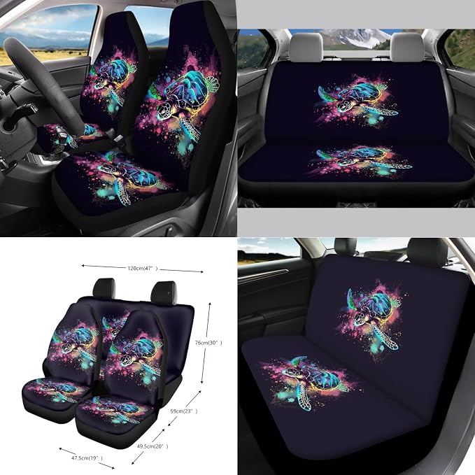 Turtle Paint Spatter Print Car Accessories Set of 15, Auto Seat Protector Steering Wheel Cushion Seat Belt Pad Air Vent Bag Trash Can Keychain Mirror Cover Cup Coasters