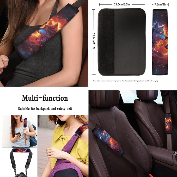 Flame Wolf Car Seat Covers Full Set, Car Steering Wheel Cover, Auto Center Console Pad, Auto Seat Belt Pads, Cool Automotive Interior Accessories Set of 8