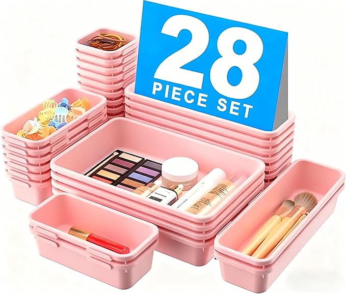 A-LuGei 【𝟮𝟴𝗣𝗖𝗦】 【𝟱𝗦𝗶𝘇𝗲】 Pink Drawer Organizer, Makeup organizer, 【Holds 177 Items】 Bathroom Organizers and Storage, Plastic Desk Organizer Divider, Organizer Bins for Office Vanity