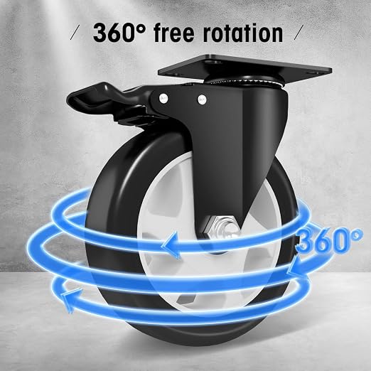 5" Swivel Plate Casters, 1400Lbs Capacity with Brake | Black, 4-Pack, PU Wheels, Double Ball Bearings, Quiet & Non-Marking, for Workbenches & Carts