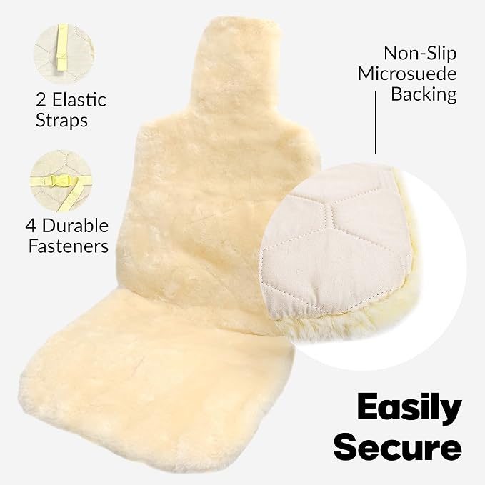 Natural Sheepskin Car Seat Covers for Women and Men | 100% Genuine Sheepskin Fur Seat Covers for Cars, Jeeps, SUVs with Elastic Straps and Non-Slip Suede Backing, 56 x 23”, 1 Pc (Natural)