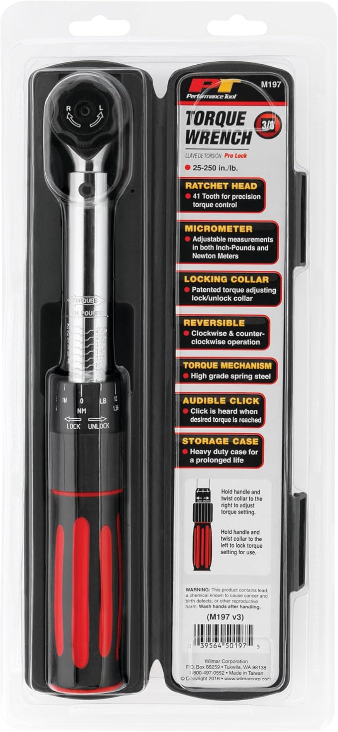 Performance Tool M197 3/8-Inch Drive Torque Wrench 250 inch/lb. - Dual Scale, Audible Click, Precision Ratchet