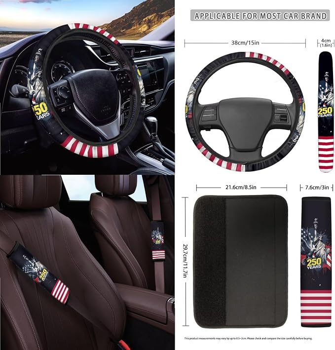 Wanyint Car Seat Cover Set 15 PCS, with Steering Wheel Seat Belt Rear View Mirror Cover Trash Can Cup Coaster Keychain Air Vent Storage Bag, US 250th Anniversary Auto Decor, Statue of Liberty Eagle