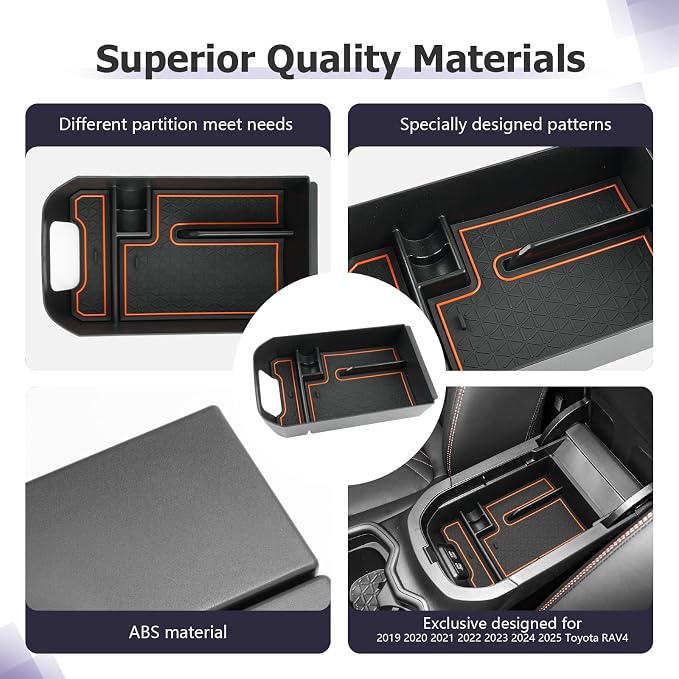 LUWU 2025 RAV 4 Center Console Organizer Compatible with 2019 2020 2021 2022 2023 2024 2025 Toyota RAV 4 Accessories Armrest Console Secondary Storage Box Insert Tray ABS Material Orange