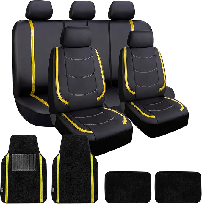 FH Group Galaxy13 Metallic Striped Deluxe Leatherette Car Seat Covers with Matching Carpet Floor Mats – Full Set, Universal Fit, Airbag Compatible for Cars, SUVs & Sedans, Yellow