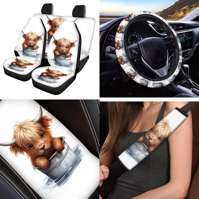 Highland Cow 12 Pcs Car Seat Covers Full Set with Auto Steering Wheel Cover Armrest Cushion Protector Seat Belt Covers Automotive Interior Sets Universal Fit for Cars SUV