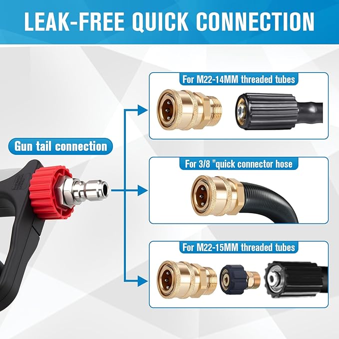 Short Pressure Washer Gun, Pressure Washer Gun with Nozzle Tips, 3/8" Quick Connect Plug and M22-14mm Fitting, 5000 PSI