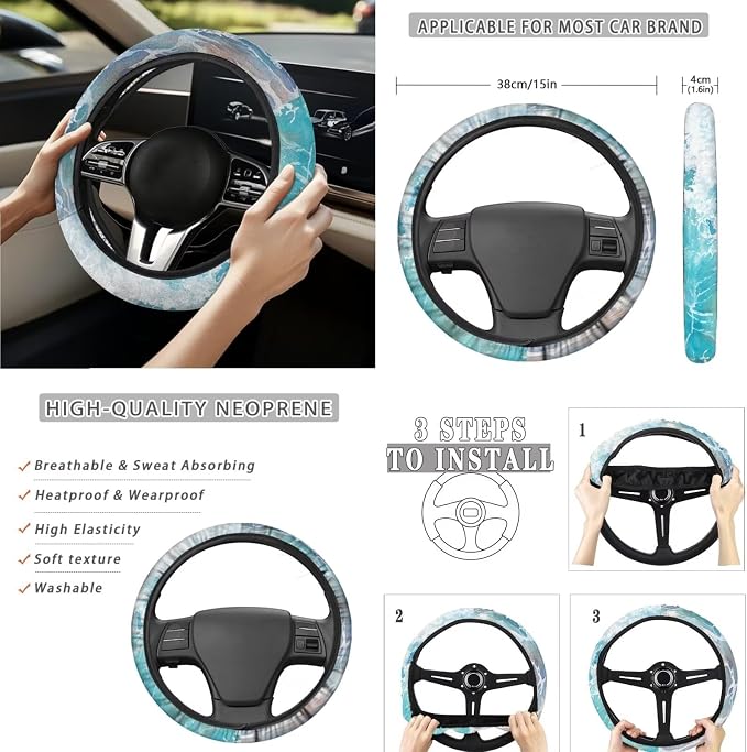 Beach Starfish Print 15 PCS Car Seat Cover Set with Auto Steering Wheel Cover Seat Belt Strap Protector Cup Holder Trash Bag Rear View Mirror Protector Keychain