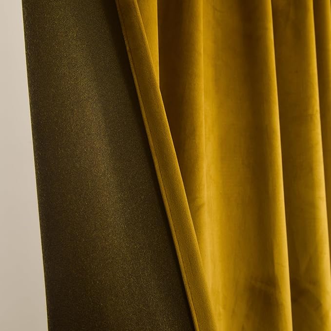 Roslynwood Luxury Soft Olive Yellow Velvet Curtains 84 inches Long Back Tab Thermal Insulated Blackout Window Drapes for Living Room/Bedroom/Dining Room, W52 x L84,2 Panels