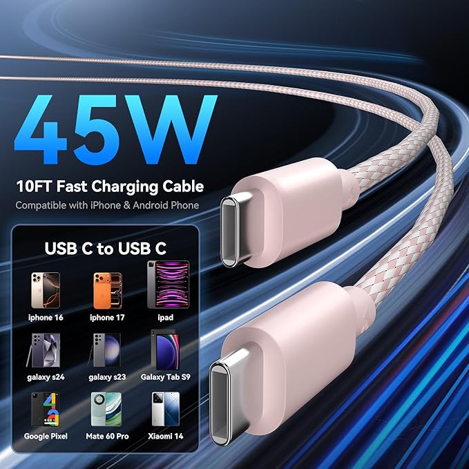 Phone 17 16 Pro Max Charger Fast Charging, 45W Super Fast USB C Charger Block with 10FT Nylon Braided Charging Cable for 17 16 Pro Max/17 16 Pro/16 Plus,15 Pro Max/15 Pro/15/Air, Android Phone-Pink