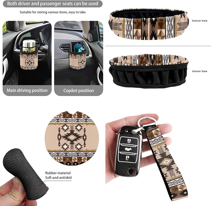 XYZCANDO Aztec Tribe Car Interior Sets 15 PCS Car Seat Cover Set Steering Wheel Cover Storage Box Garbage Bag Seat Belt Pads Cover Car Rear View Mirror Cover Coasters Keychain for Sedans Van SUV