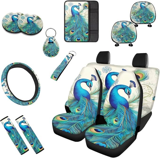 Peacock 13 PCS Car Seat Covers Full Set Classical Chinoiserie Peacocks Print Car Front Back Seat Cover Steering Wheel Cover, Peacock Feather Seat Covers Fit Auto SUV Trucks