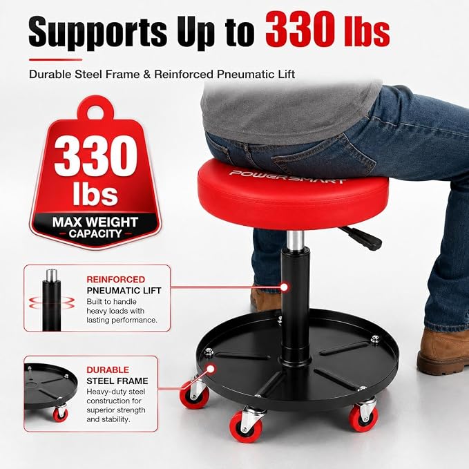 PowerSmart Pneumatic Roller Seat with Wheels, Adjustable Rolling Mechanic Stool with Tool Tray, Hydraulic Garage Shop Stool, 330 lbs Capacity Swivel Creeper Seat for Automotive Repair