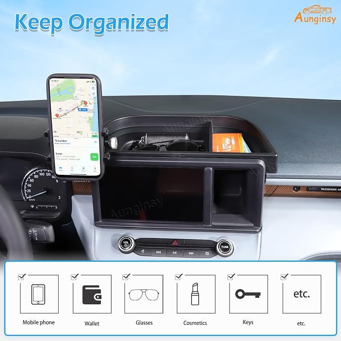 Aunginsy Center Console Dash Storage Tray Compatible with Ford Maverick 2022 2023 2024 Dashboard Multi-Functional Phone Holder Storage Box Organizer Tray Insert with Mobile Phone Mount Accessories