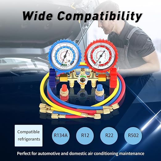 PB Motor Tech AC Diagnostic Manifold Gauge Set for R134A, R12, R22, R502 Refrigerants, Includes 4FT Three-Color Hoses and 2 Quick Couplers - Automotive & Household AC Maintenance