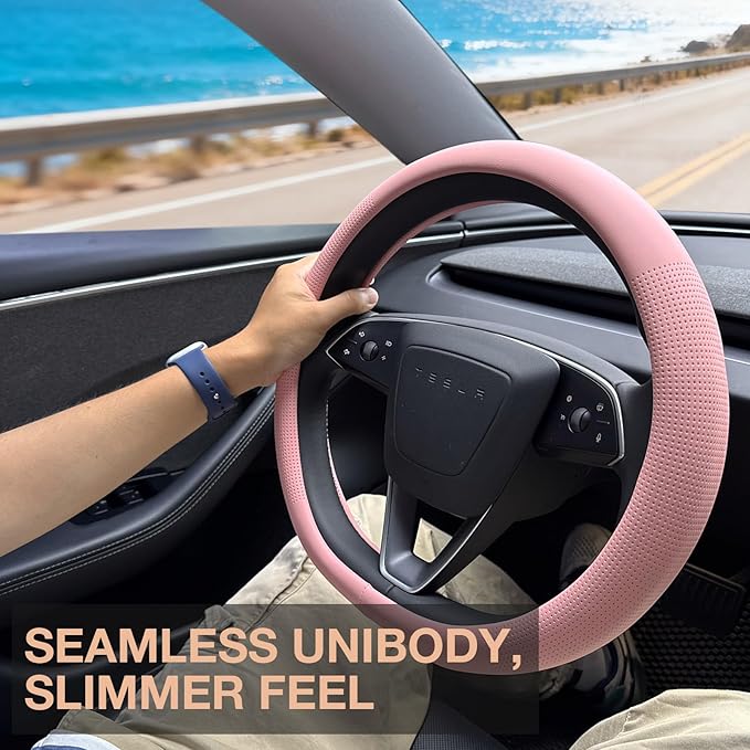 PINCTROT Nappa Leather Steering Wheel Cover for Tesla Model Y/3 Highland/Juniper, D Shaped 14 Inch Small Sized with Breathable Perforation, Fit Like Gloves, Flat Bottom 14 Inch(Nappa Pink)