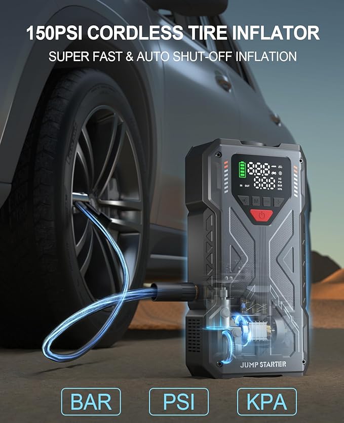 Upgraded Car Battery Jump Starter, High Power 4000A Jump Box with Air Compressor, 12V Portable Car Battery Charger & 150PSI Tire Inflator, Emergency Kit with Smart Jumper Cables(9.0L Gas/8.0L Diesel)